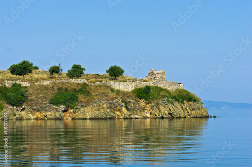 Ruins of old roman fortress with sea coast in background, Sithonia, Greece