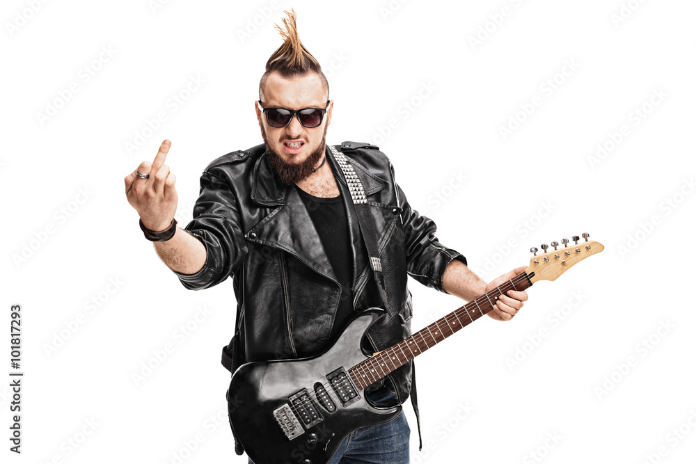 Rude punk rocker holding guitar Stock Photo Adobe Stock