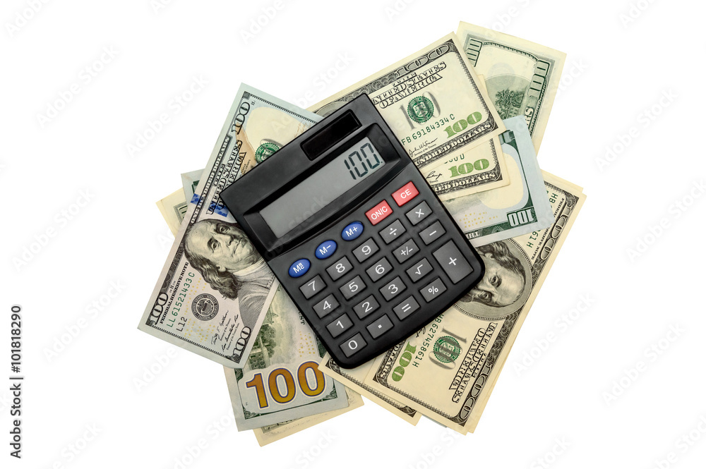 calculator on dollar bills isolated on white calculator on dollar bills isolated on white