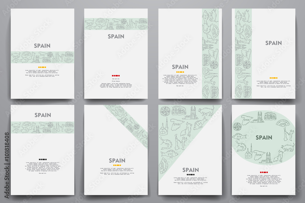 Corporate identity vector templates set with doodles Spain theme