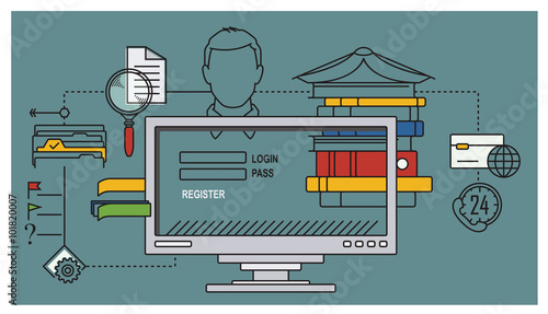 Stock illustration. Flat infographic. Virtual library