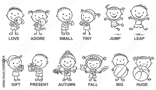 Black and white cartoon characters illustrating synonymous adjectives, can be used as a teaching aid for a foreign language learning