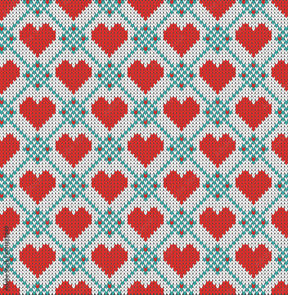 Seamless pattern on the theme of Valentine's Day with an image of the Norwegian patterns and hearts. Wool knitted texture Seamless pattern on the theme of Valentine's Day with an image of the Norwegian patterns and hearts. Wool knitted texture