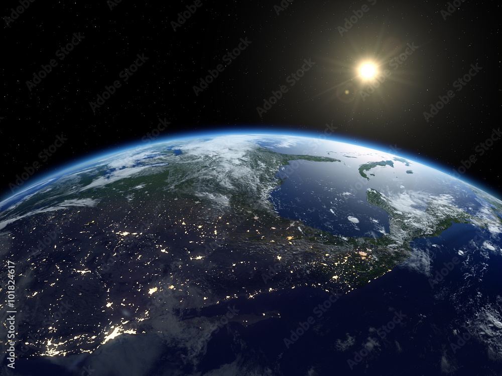 Earth from satellite. Beautiful sunrise over North America. Earth at ...