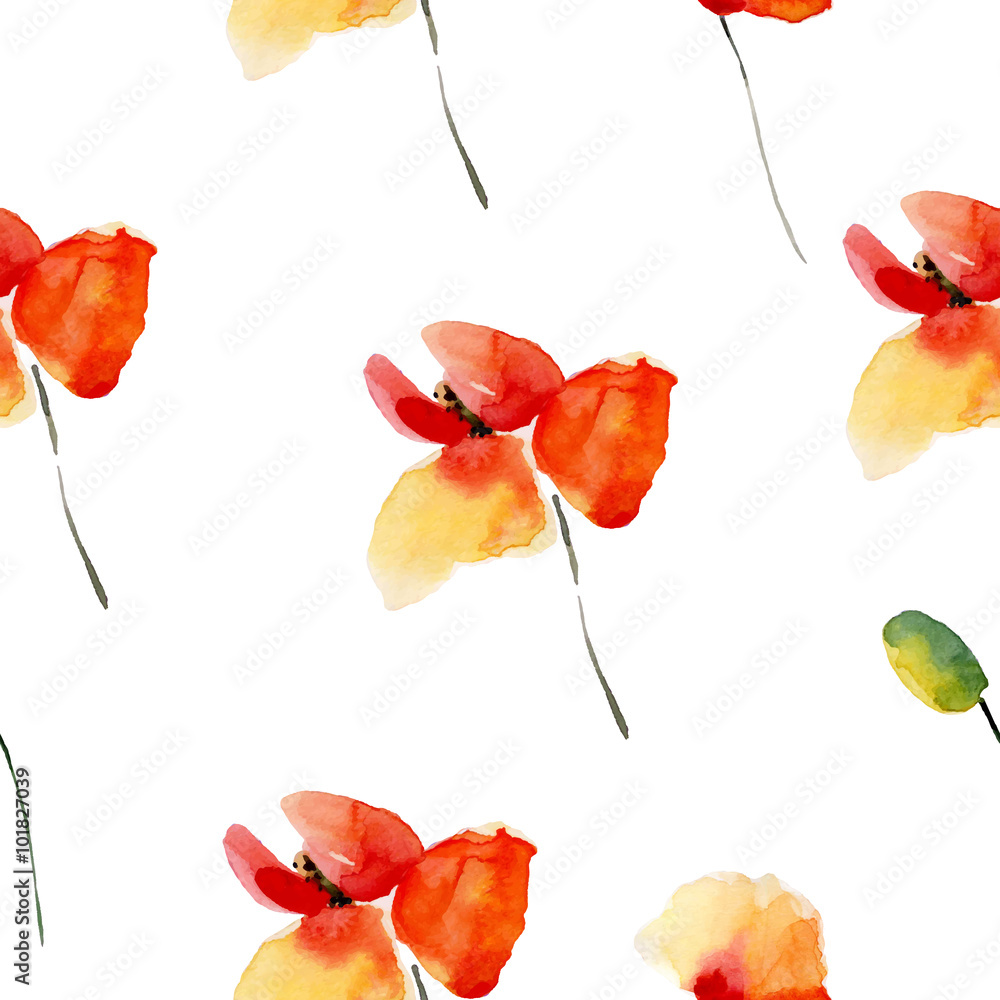 Watercolor flowers seamless pattern with poppies.