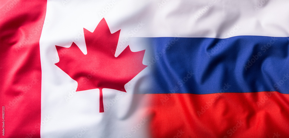 Mixed flag of Russia and Canada.Russia flag and Canada flag.. Mixed flag of Russia and Canada.Russia flag and Canada flag..