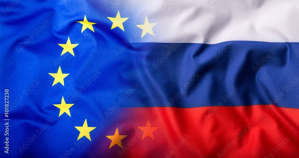 EU and Russia. EU Flag and Russia flag mixed. EU and Russia. EU Flag and Russia flag mixed.