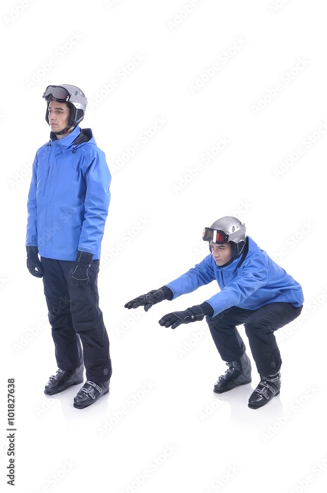 Skiier demonstrate warm up exercise for skiing. The squats. Skiier demonstrate warm up exercise for skiing. The squats.