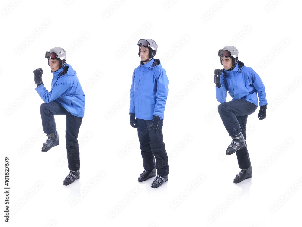 Skiier demonstrate warm up exercise for skiing. The opposite elb Skiier demonstrate warm up exercise for skiing. The opposite elb