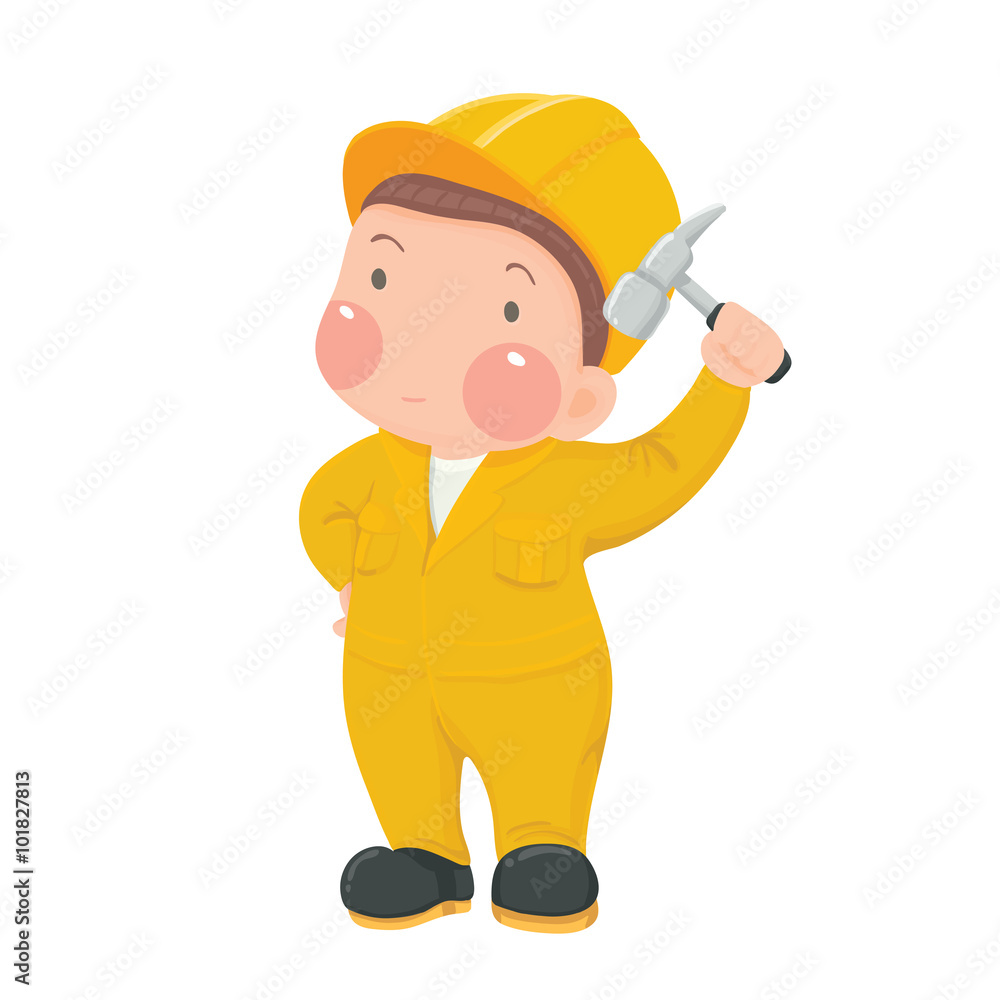 Vector Illustration of Service Mechanic Worker in Yellow Work wear and Helmet holding Hammer Cartoon Character on White Background Vector Illustration of Service Mechanic Worker in Yellow Work wear and Helmet holding Hammer Cartoon Character on White Background