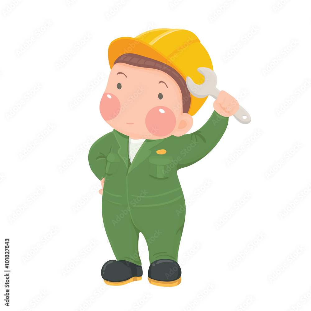 Vector Illustration of Service Mechanic Worker in Green Work wear and Helmet holding Wrench Cartoon Character on White Background Vector Illustration of Service Mechanic Worker in Green Work wear and Helmet holding Wrench Cartoon Character on White Background