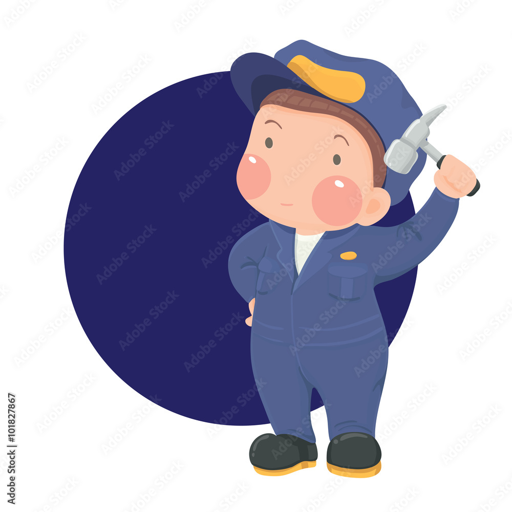 Vector Illustration of Service Mechanic Man with Hammer in Blue Work wear on Blue Circle Background, Cartoon Character Vector Illustration of Service Mechanic Man with Hammer in Blue Work wear on Blue Circle Background, Cartoon Character