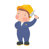 Vector Illustration of Service Mechanic Worker in Blue Work wear and Helmet holding Hammer Cartoon Character on White Background
