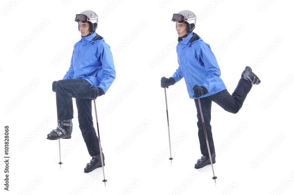 Skiier demonstrate warm up exercise for skiing. Dinamic stretch Skiier demonstrate warm up exercise for skiing. Dinamic stretch