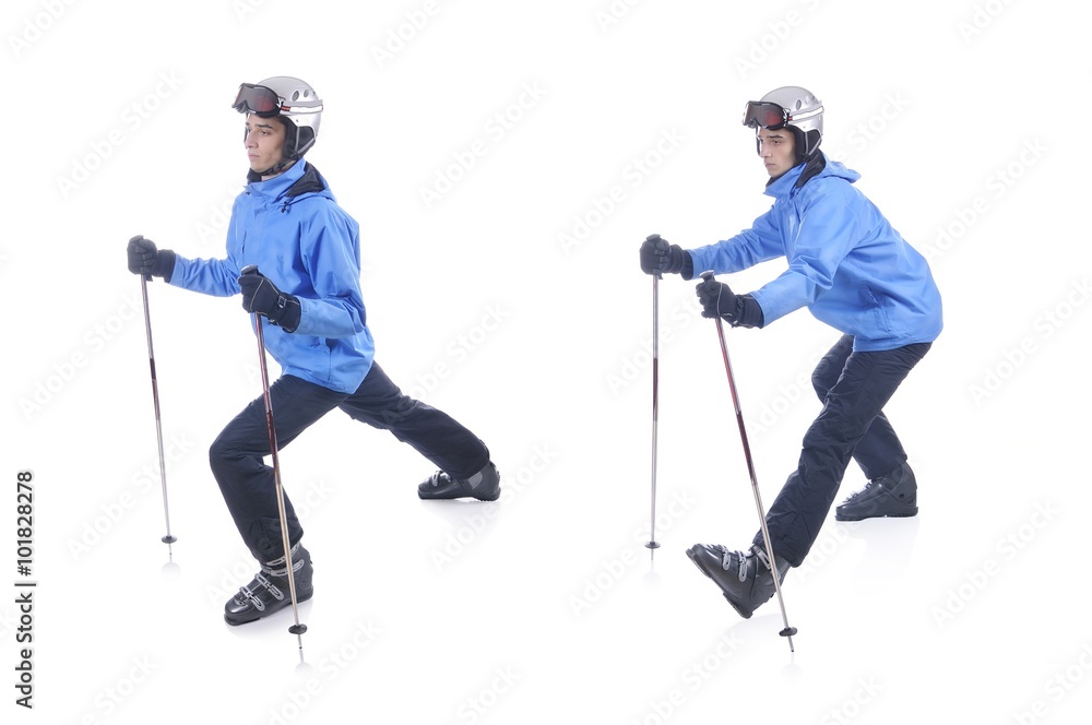 Fototapeta premium Skiier demonstrate warm up exercise for skiing. Dinamic stretch