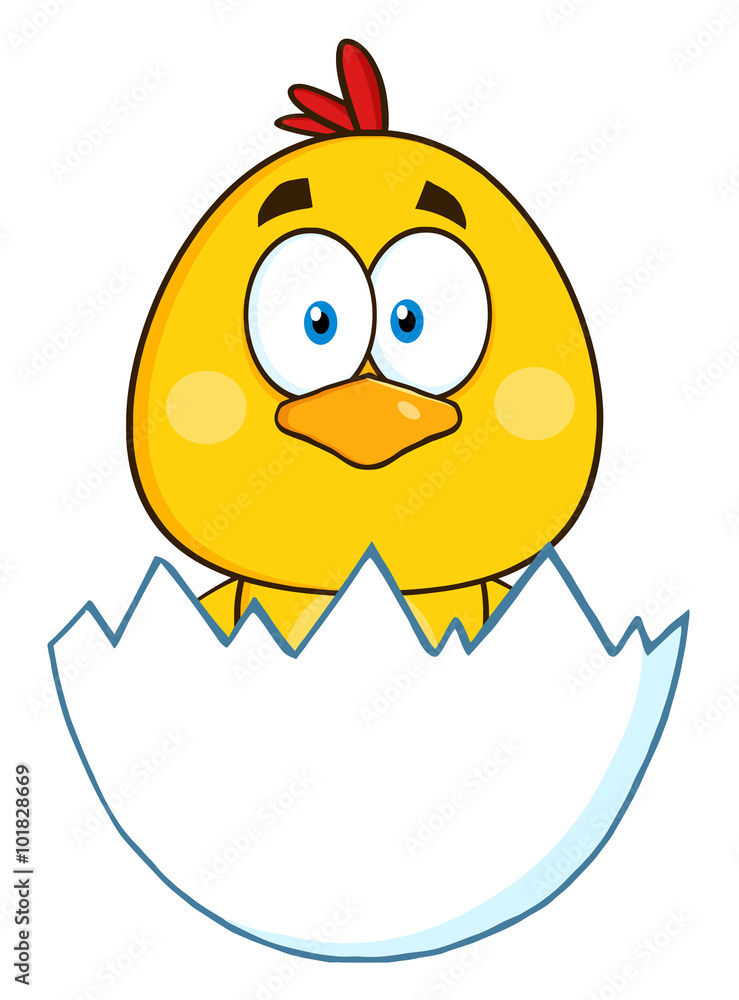 Cute Yellow Chick Cartoon Character Hatching From An Egg