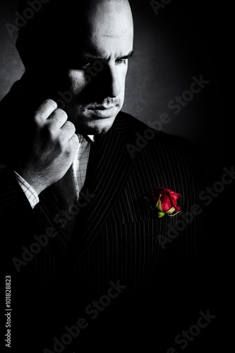 Slika na platnu Black and white portrait of man, godfather-like character.