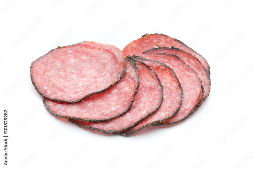 Sausage slices isolated on white background cutout. Sausage slices isolated on white background cutout.