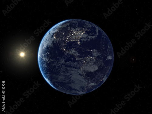 Earth from space. View to America at night. 3D illustration.