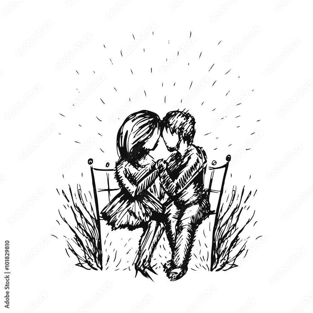 Vector graphic sketch of romantic happy young couple in love ...