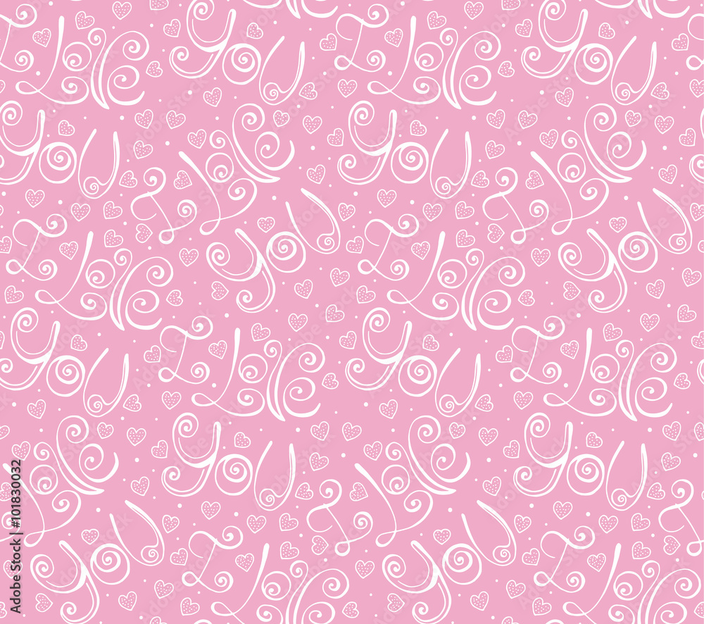 Fototapeta Vector hand drawn lettering I Love You in pink Valentine Day seamless pattern, romantic background
