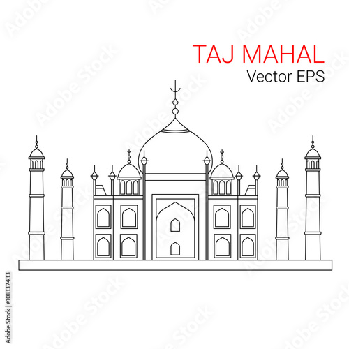 Taj Mahal, India. Vector line flat icon isolated on white background.