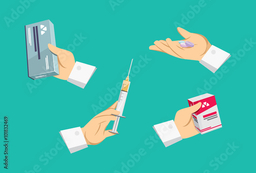 Collection of Various doctor gestures. Hand icons. Pharmacy. Injection. Antibiotics. Simple flat cartoon vector illustration.