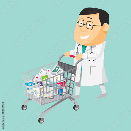 Funny cartoon doctor carries pills for patients. Shopping cart. Penicillin. Vaccination. The best medical health care. Simple vector illustration.