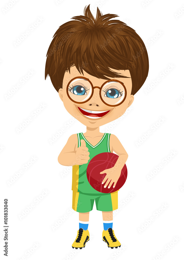 Φωτογραφία little boy with glasses holding basketball and showing thumbs up