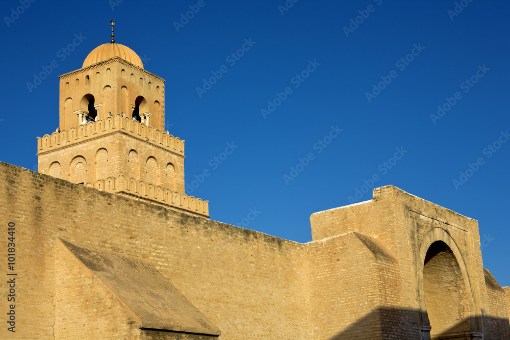 Tunisia. Kairouan - minaret and enclosured wall of the Great Mosque (Oqba Ibn Nafi)