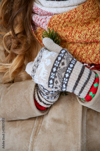 Woman wearing knitted mittens holding pine branch