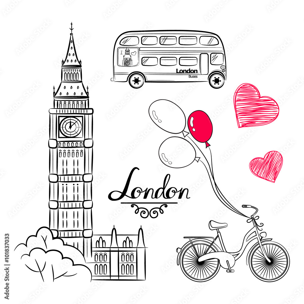 Φωτογραφία hand sketch World famous landmark collection : Big Ben London, England, bike, balloons
