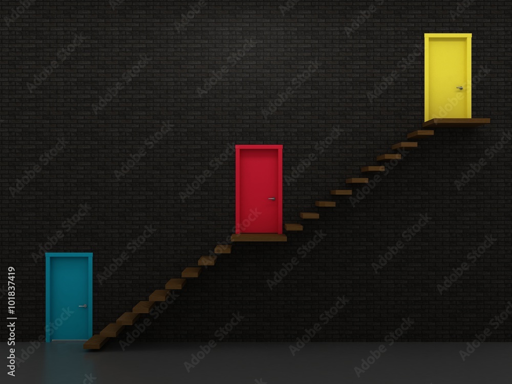 Naklejka premium Three doors and stairs 3. Three multi-colored door entrances at different levels, growth chart.
