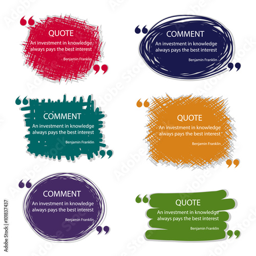 Vector quote blank template. Artistic quote bubble. Empty template. Grunge brush strokes, painted commas and frame. Textured background. Business card template, paper sheet, information. Quote form.