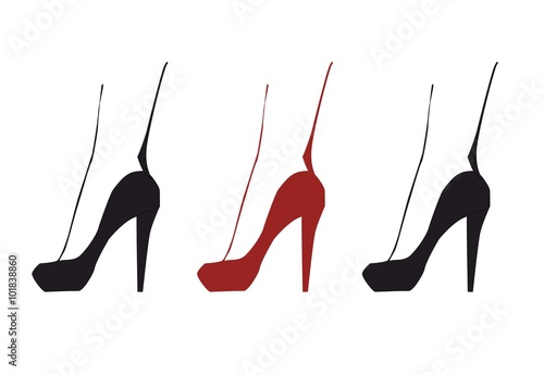 three isolated silhouette of red and black elgant woman leg in shoes with high heels photo