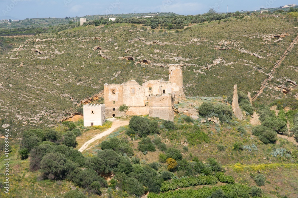 Ruins Castello di Poggiodiana in the valley river Verdura, near town Ribera, Sicily, Italy