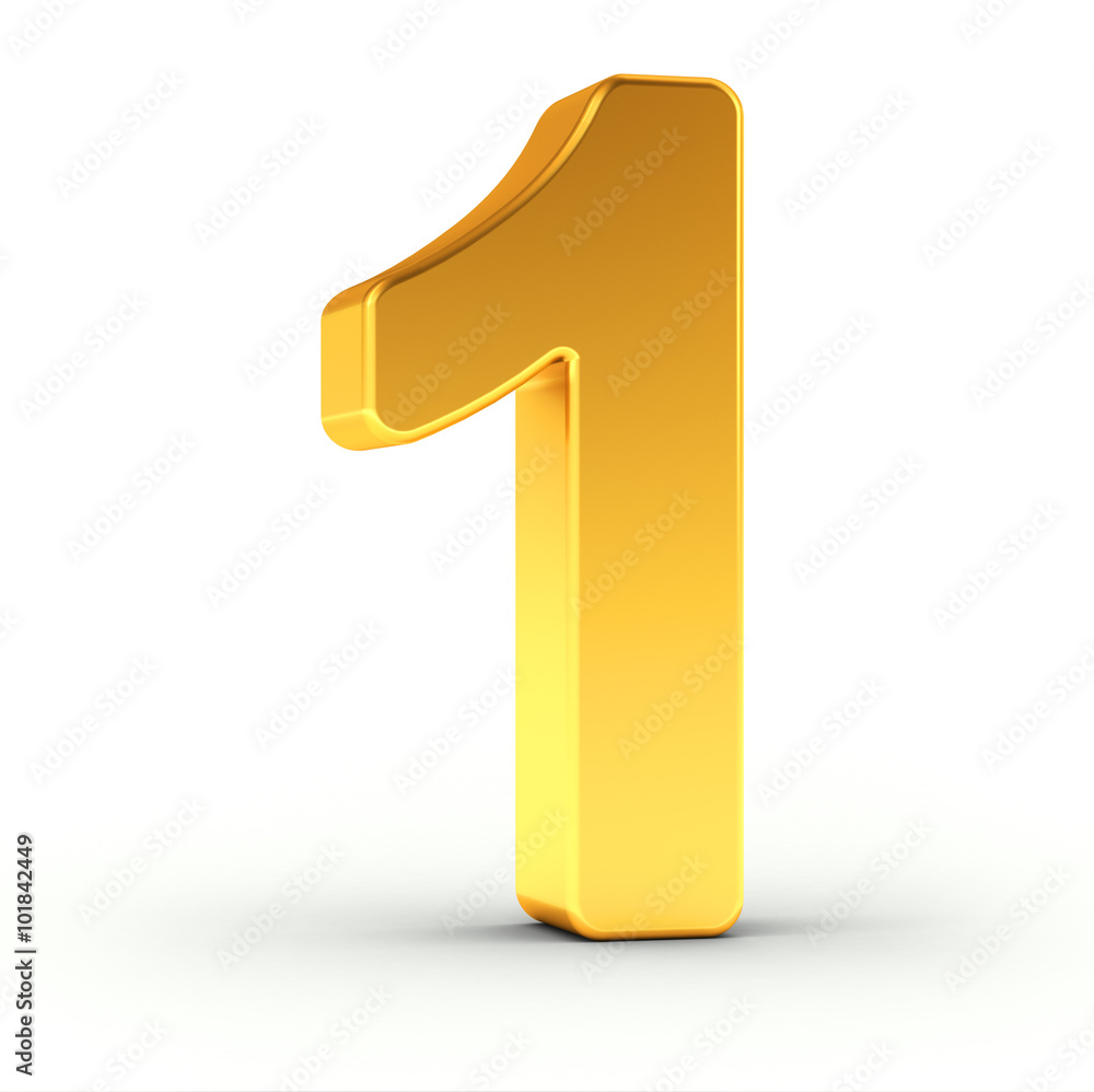 The number one as a polished golden object with clipping path