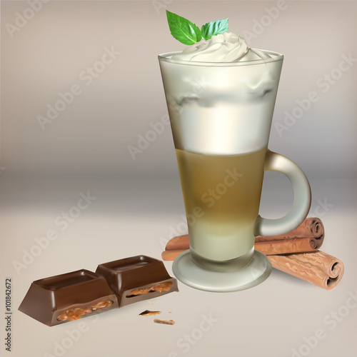 tall glass cup of cappuccino with whipped cream made layers, iso