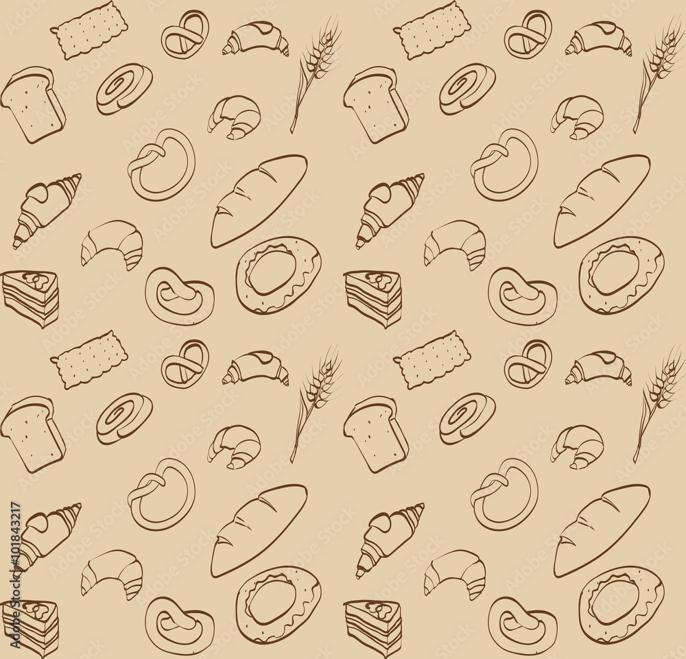 vector seamless texture, food, bread loaf brioche croissant, cake, baguettes, bagels, rye spike wheat vector seamless texture, food, bread loaf brioche croissant, cake, baguettes, bagels, rye spike wheat