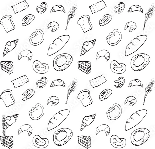 vector seamless texture, food, bread loaf brioche croissant, cak