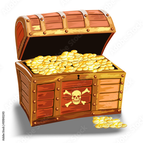 wooden pirate chest with golden coin