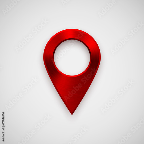 Red technology map pointer badge, GPS button template with metal texture, chrome, steel, silver, realistic shadow and light background for interfaces, UI, applications, apps, web. Vector illustration.
