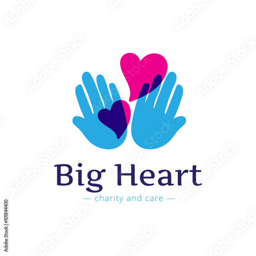 Vector clean charity center logo. Hospital logotype with hands and heart
