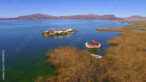 Flight over Uros islands, Titicaca lake photo