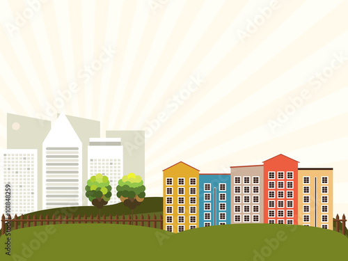 Modern Colorful City  Skylines And Rays Of Light Background