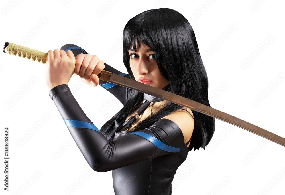 Beautiful girl with sword on white background Beautiful girl with sword on white background