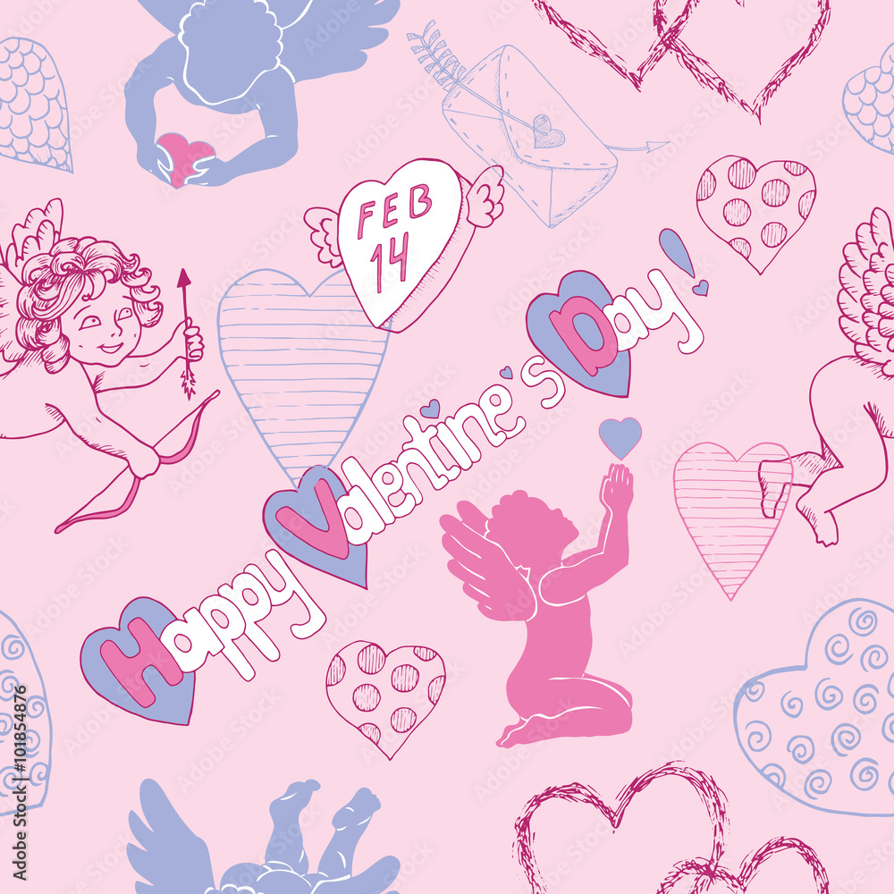 Seamless background with Cupids and hearts on pink Seamless background with Cupids and hearts on pink