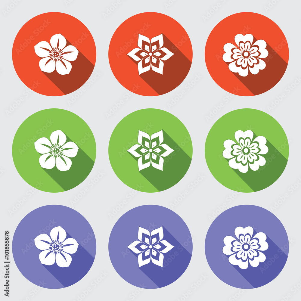 Flower icon set. Camomile, daisy, orchid primula. Floral symbol. White sign on round colored button with long shadow. Green, orange, lilac colors. Vector isolated Flower icon set. Camomile, daisy, orchid primula. Floral symbol. White sign on round colored button with long shadow. Green, orange, lilac colors. Vector isolated