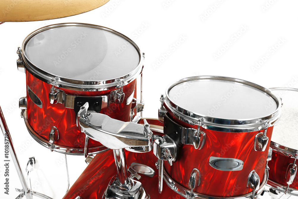 Set of red drums isolated on white background, close up Set of red drums isolated on white background, close up