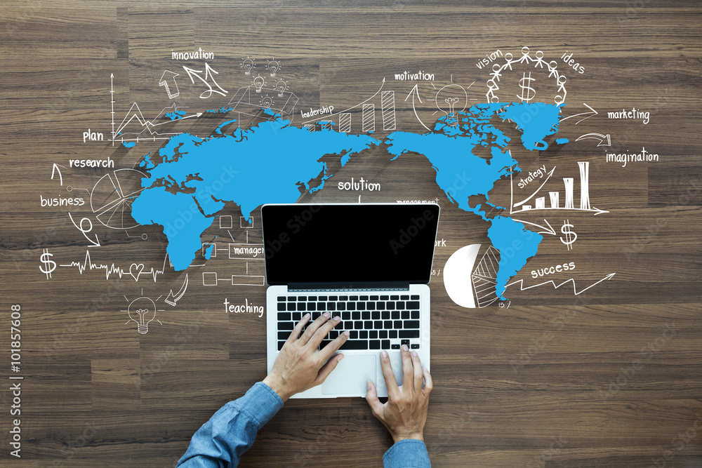 Fotografie World map with creative drawing charts and graphs business